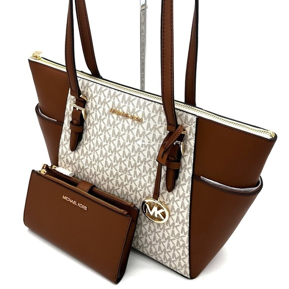 Michael Kors Large Charlotte Tote Bag & Large Double Zip Wallet Vanilla/Brown - Picture 11 of 14